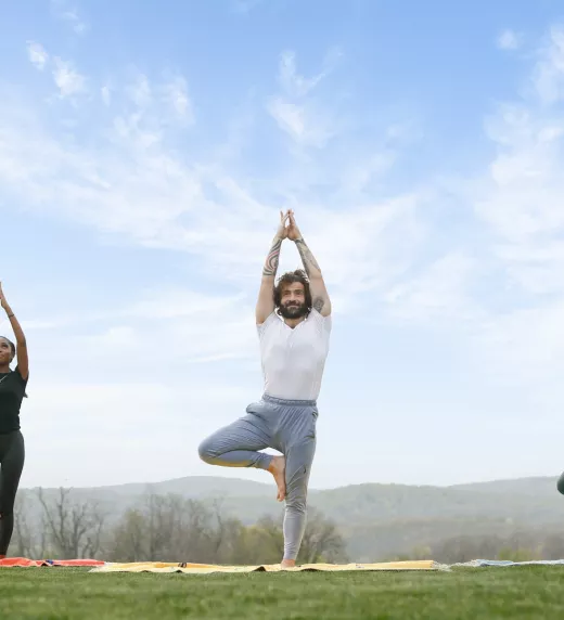 Three people in yoga pose.