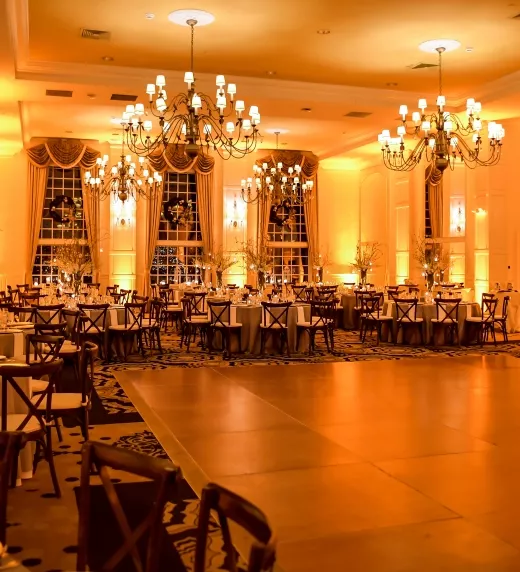Emerald Ballroom set up for an elegant winter wedding