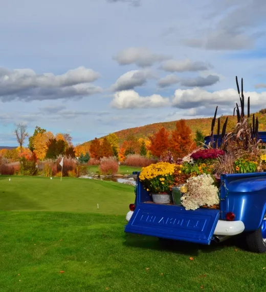 Blue truck on property during fall.