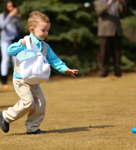 Young boy doing an easter egg hunt.