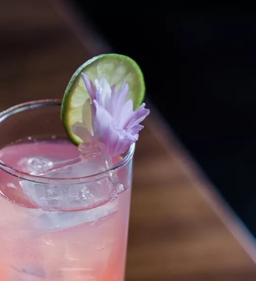 Pink cocktail in tall glass topped with purple flower and slice of lime.