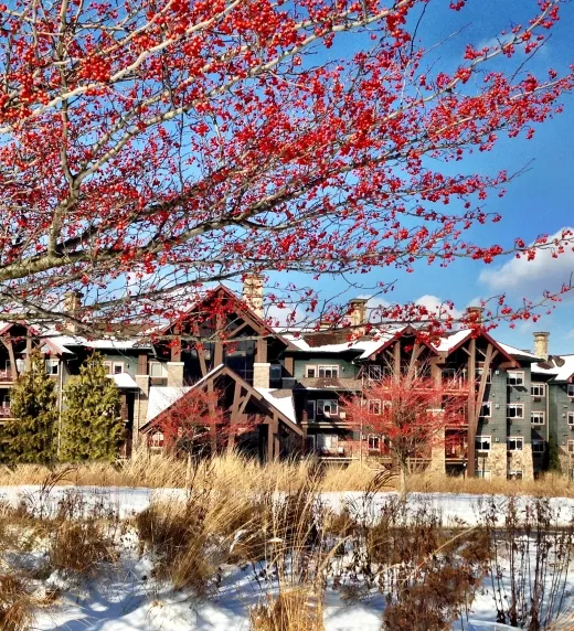 Grand Cascades Lodge exterior view during the winter season