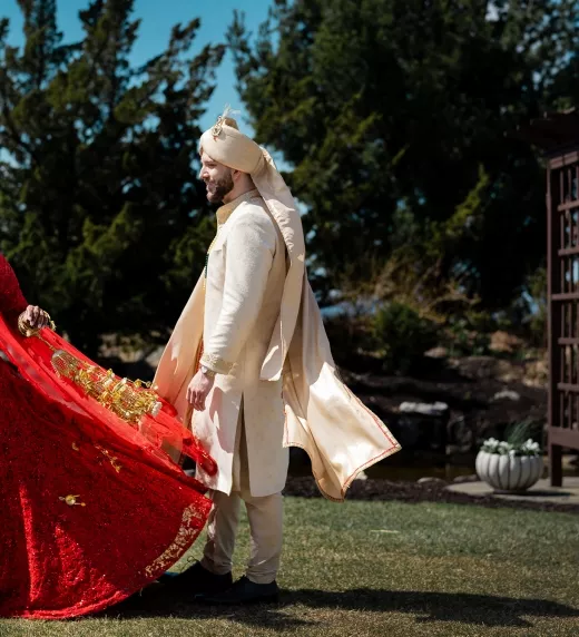 Indian bride and groom in the wedding garden